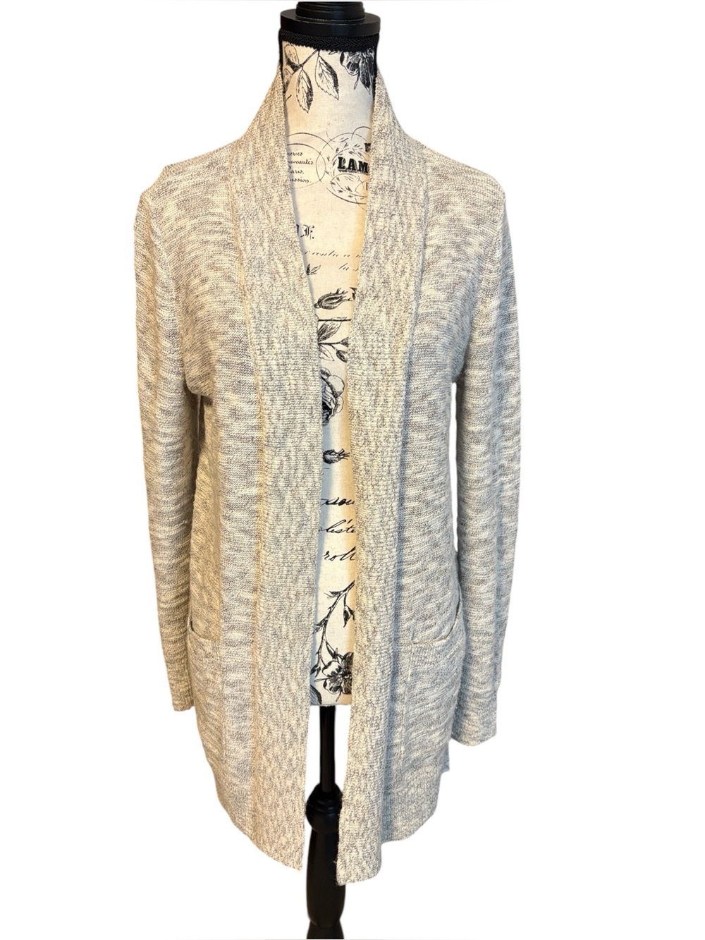 LOFT Marled Knit Open Front Cardigan Sweater Grey White Medium M